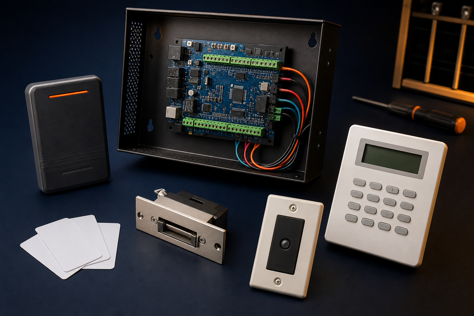 Commercial access control panel, card reader, door strike, alarm keypad, and credentials