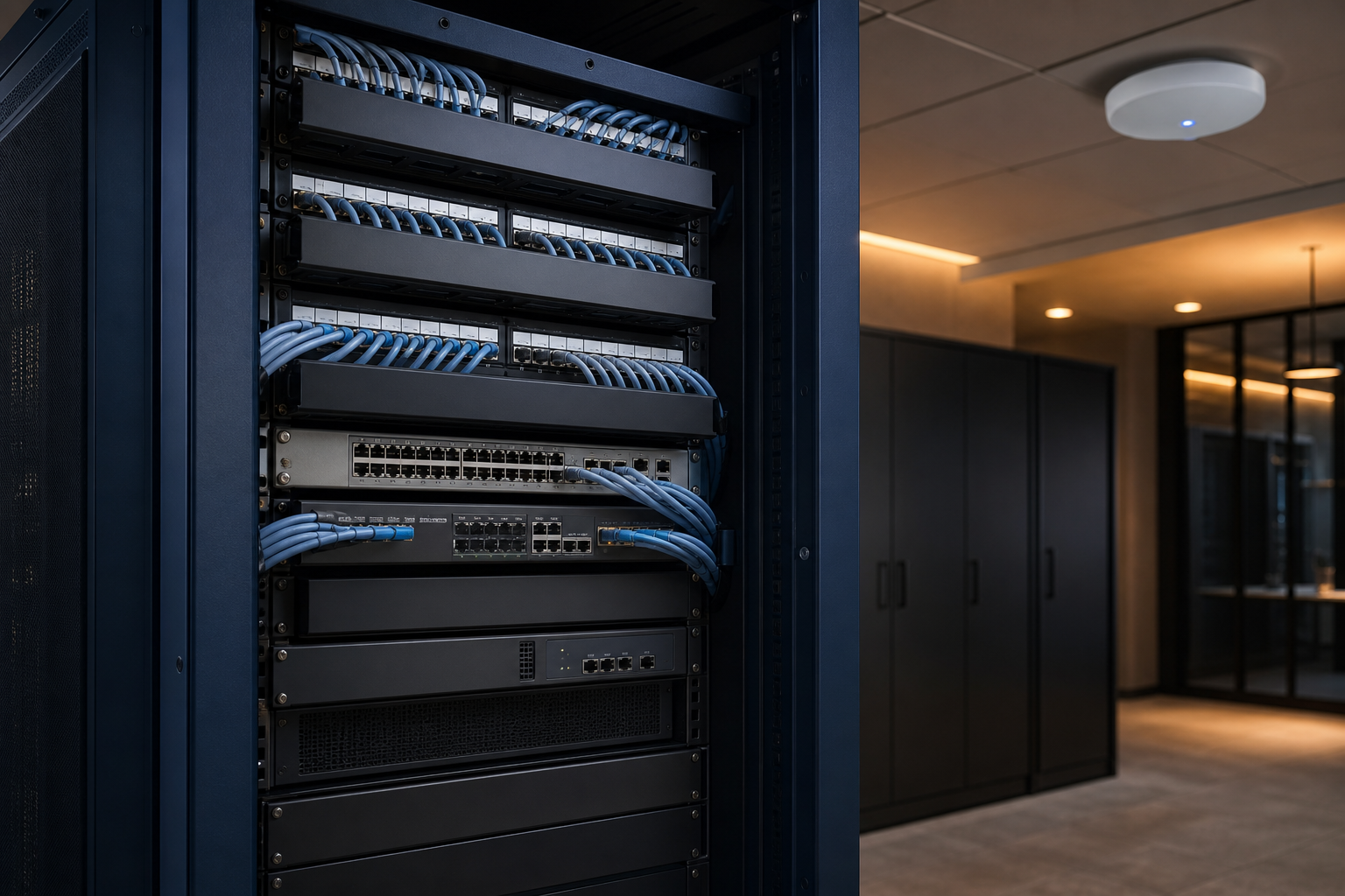Organized commercial network rack with switches, patch panels, and wireless access point